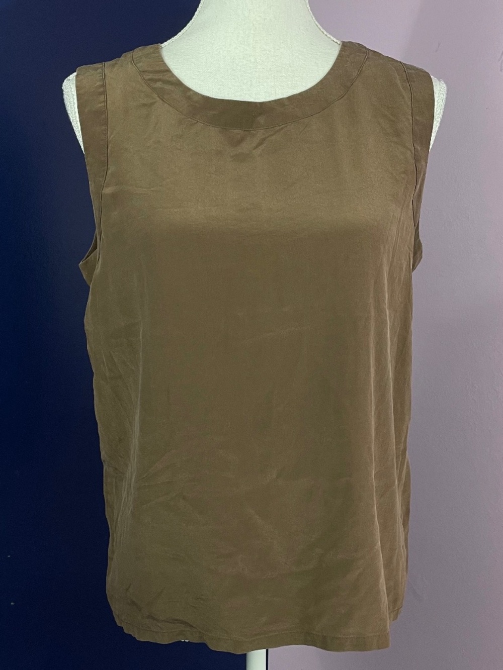 100% Silk Brown Tank Top L Sleeveless Shell Blouse Crew Neck Crepe de Chine VTG